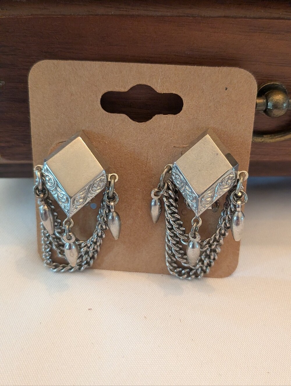 Silver-Tone Filigree Cube Drop Chain Clip On Earrings